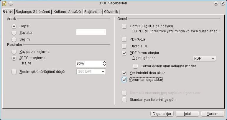 LibreOffice PDF dışa aktarma ayarları
