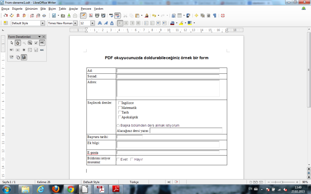 LibreOffice ile doldurulabilir form oluşturmak için Form Denetimleri Araç Çubuğu'nu aktifleştirelim