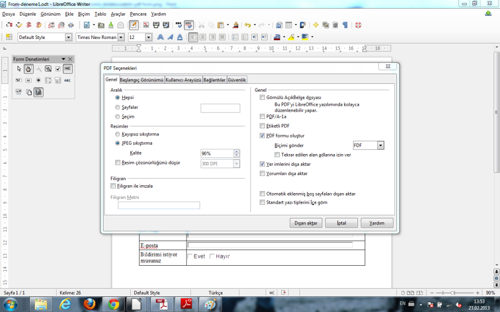 LibreOffice ile hazırlanmış doldurulabilir formu PDF olarak dışa akarmak