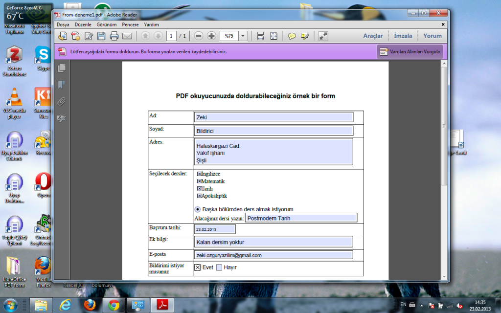 LibreOffice ile oluşturulmuş PDF formu PDF okuyucu ile Düzenlemek - Adobe Reader
