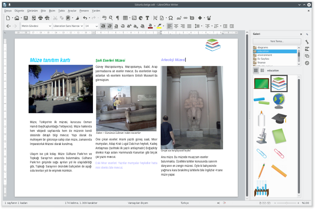 Oluşturduğum sütunlu belge ve LibreOffice'in yeni görünüşü